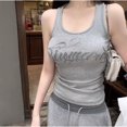 thumbnail image 6 of Women’s Y2K Rhinestone Letter Tank Top, Slim Fit Sleeveless Camisole, Stretch Casual Layering Top, 6 of 9