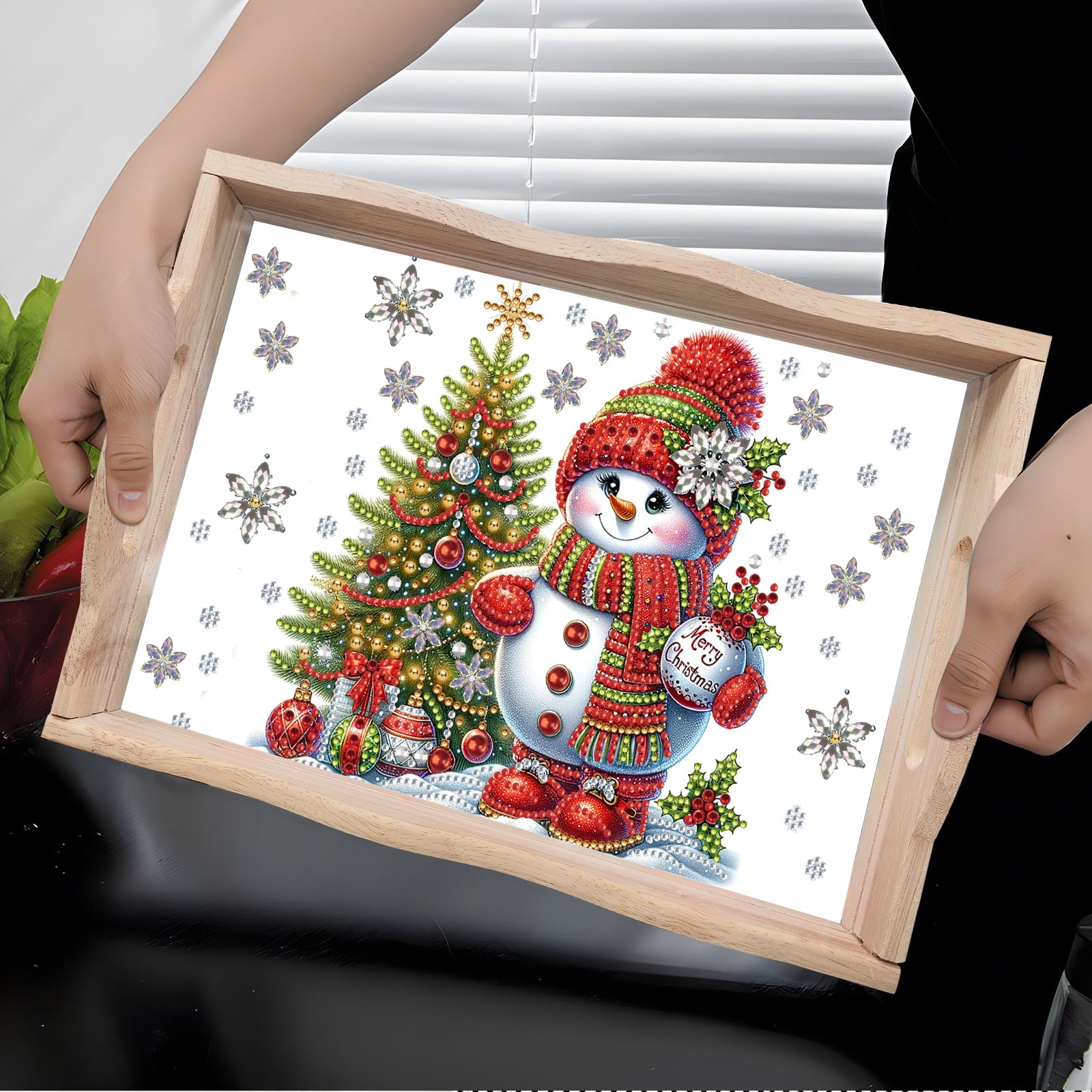 FLOPESN DIY Diamond Art Painting Handmade Wooden Tray,Creative Design Serving Dinner Plate for Coffee Living Room Home Organizer-Christmas Snowman
