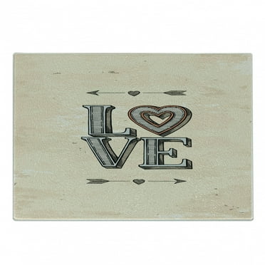 Love Cutting Board, Grunge Looking Vintage Letters Heart and Arrows Boho Tribal Hipster Design, Decorative Tempered Glass Cutting and Serving Board, Small Size, Beige Grey Orange, by Ambesonne