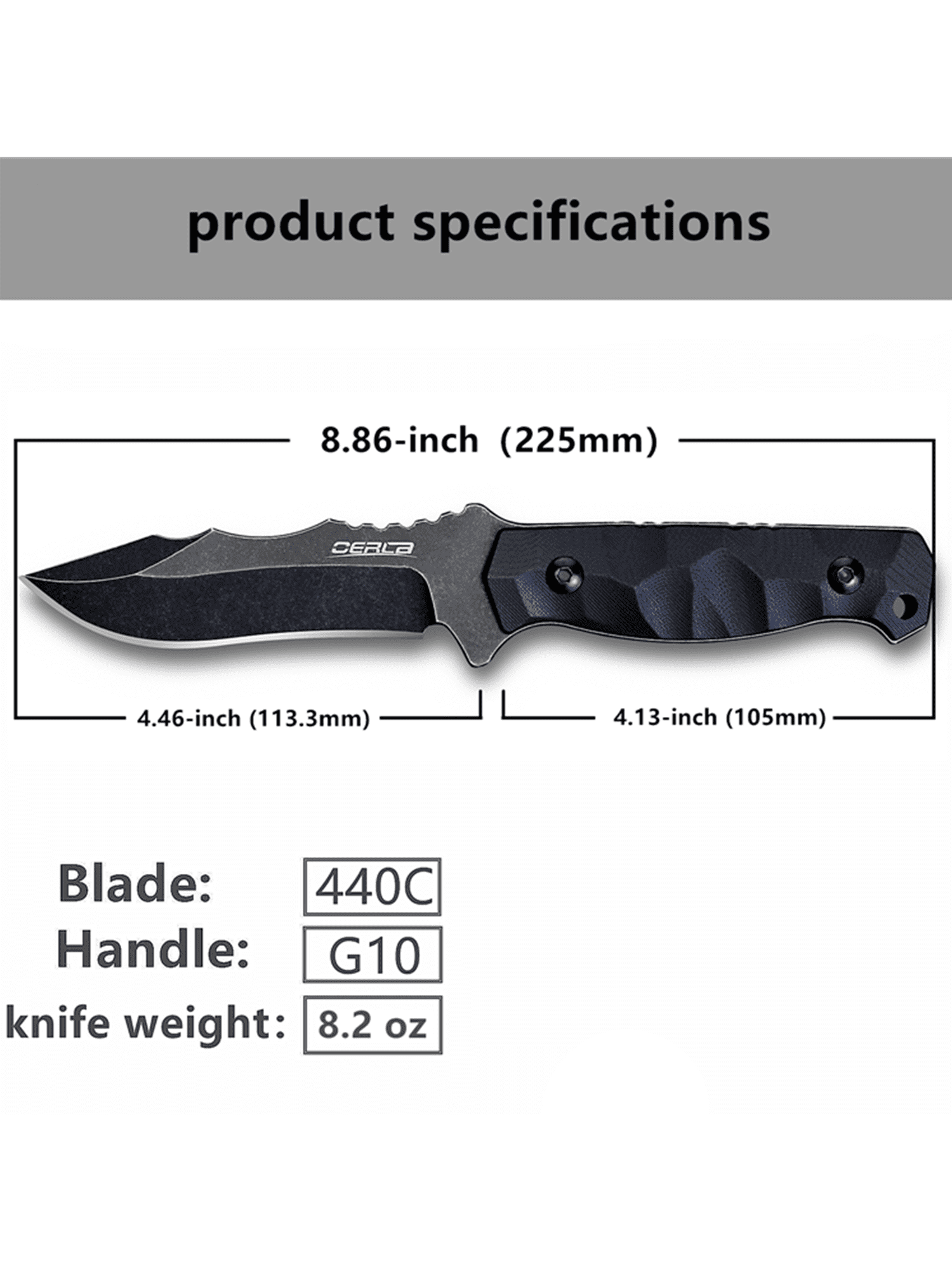 Oerla olk-037B Tactical Fixed Blade Knife 4.46-inch Blade with Black G10 Handle Waist Clip EDC Kydex Sheath