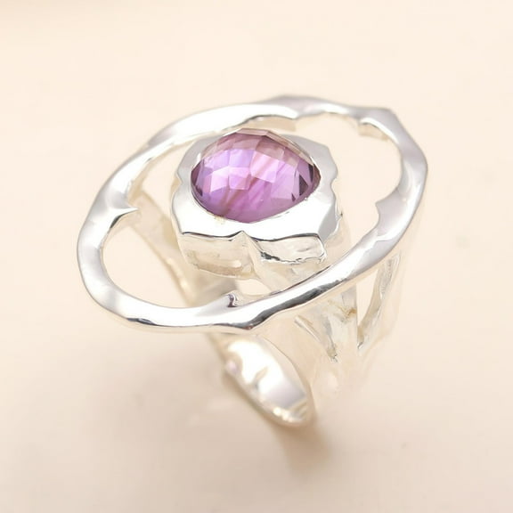925 Sterling Silver Amethyst Statement Ring for Women – Handmade Designer Gemstone Ring, US Size 5-10 – Natural Stone Jewelry