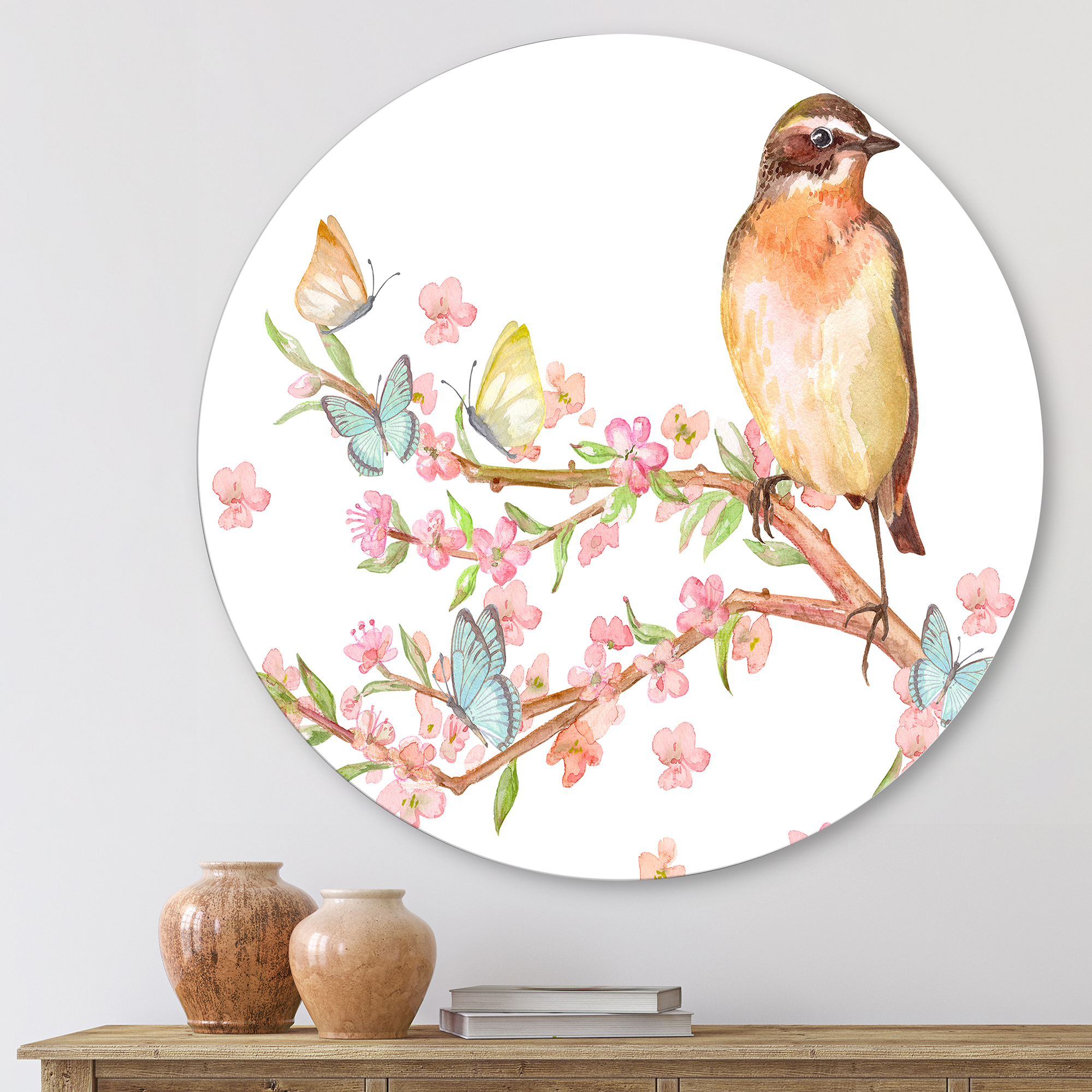 Designart 'Lovely Bird Sitting On Branch of Sakura With Butterflies' Traditional Circle Metal Wall Art 23x23 - Disc of 23