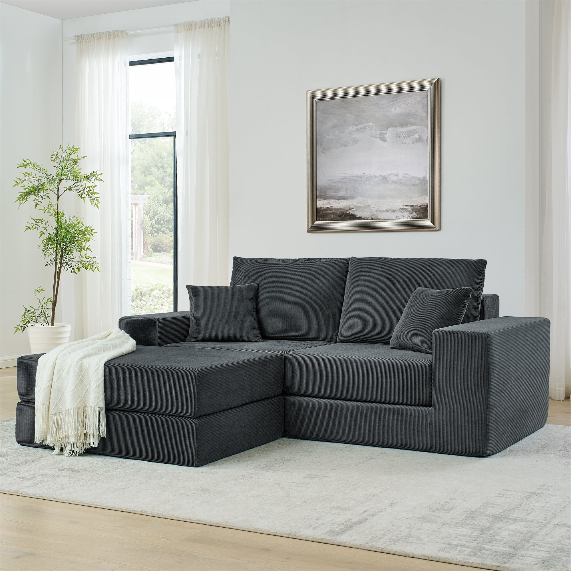 Miniyam Corduroy Modular Sofa, Cloud Couch Deep Seat Sectional with Pillows and Ottoman, No Assembly Required, Living Room Furniture, Grey