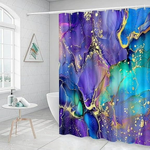 Purple Marble Shower Curtain For Bathroom, Blue Abstract Bath Curtains, Gold Ombre Morden Waterproof Fabric Curtains Set With 12 Hooks 54"W x 72"L (Pack of 1)