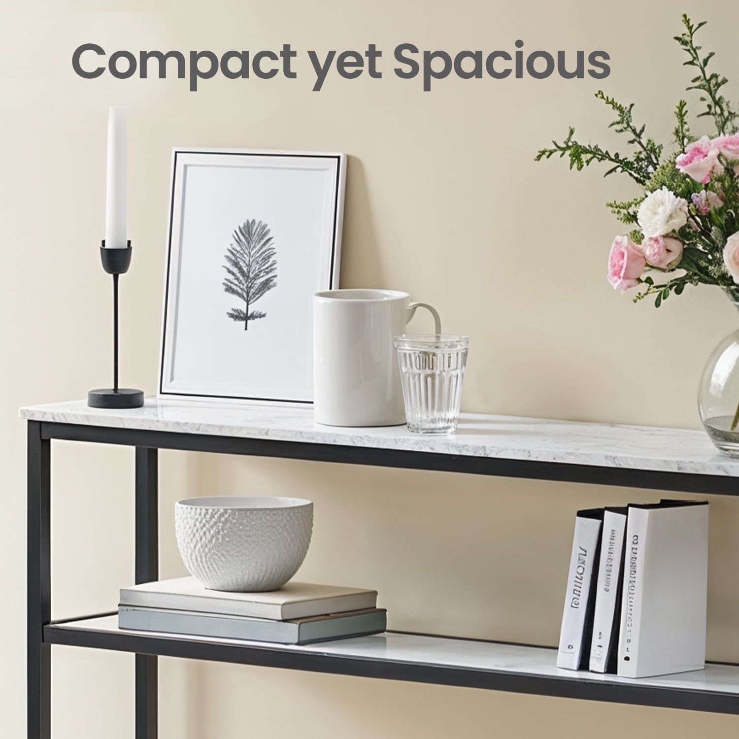 LEDREM 31.5" Modern Console Table, 2-Tier Narrow Sofa Table with Adjustable Feet, Entryway Shelf, Marble White and Black