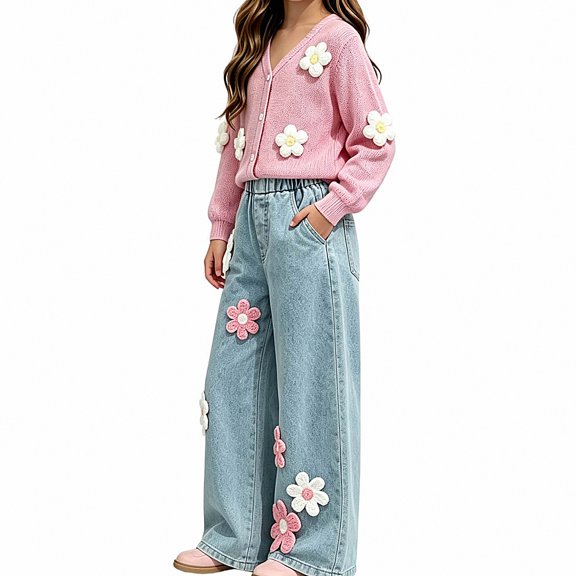 DJDLJWCJ 2 Piece Girls Casual Outfit Sets Cute Print Long Sleeve Cardigan Elastic Waist Wide Leg Pants Set Pink Size 3T