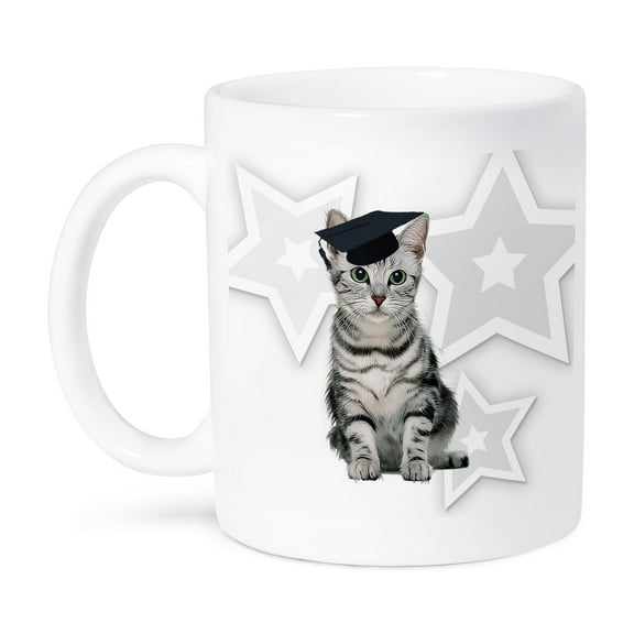 3dRose, Gray Tabby Cat wearing a Graduation Hat, 11oz Mug