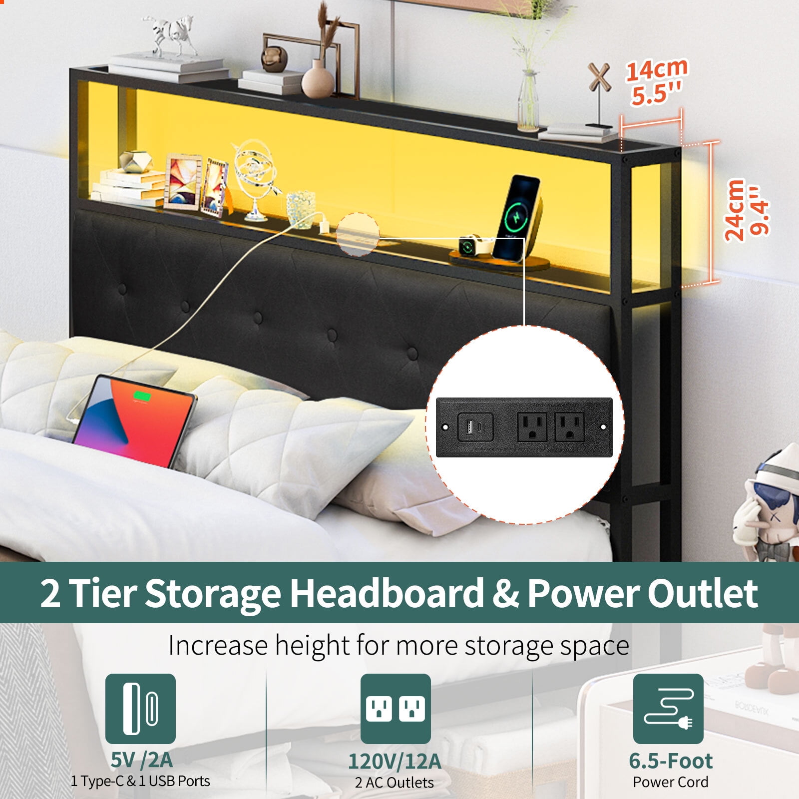 Full Size Bed Frame with LED Storage Headboard Shelf, Bed Metal Platform with Charging Station, Black