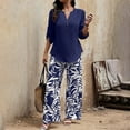 thumbnail image 3 of MORTTIC Women's Elegant 2-Piece Set - Long Sleeve V-Neck Blouse with Button Detail & Tropical Leaf Print Flowy Pants, 3 of 5