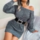 thumbnail image 4 of One Shoulder Sweater Dress Package Hip Puff Long Sleeve One Line Collar Knitted Sweater for Women Yellow M, 4 of 7