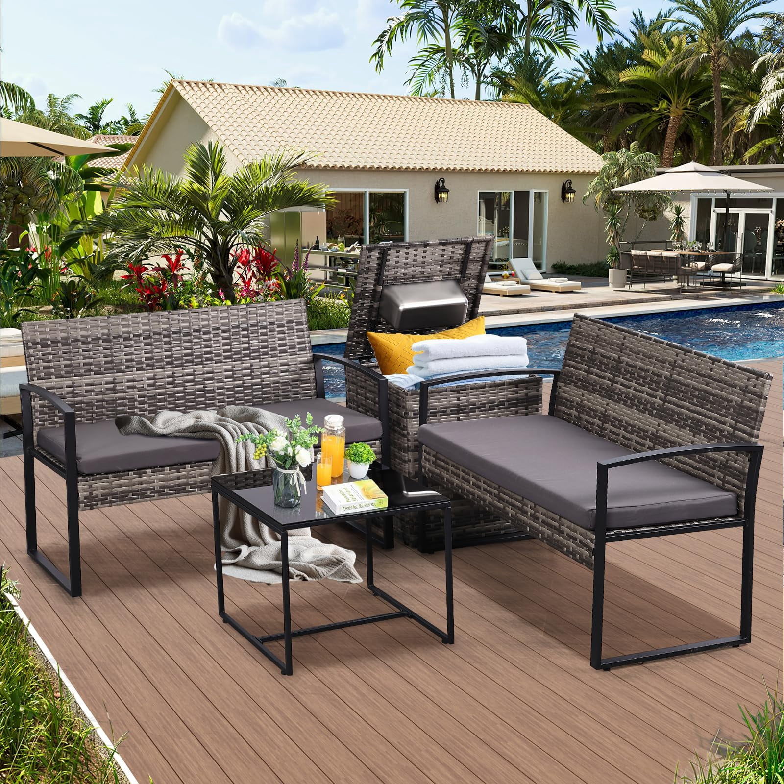 4 Piece Outdoor Patio Furniture Set,Wicker Conversation Sets Patio Sofa Couch with Built-in Beverage Cooler Storage Box & Coffee Table for Outside, Garden, Balcony, Porch,Grey/Grey
