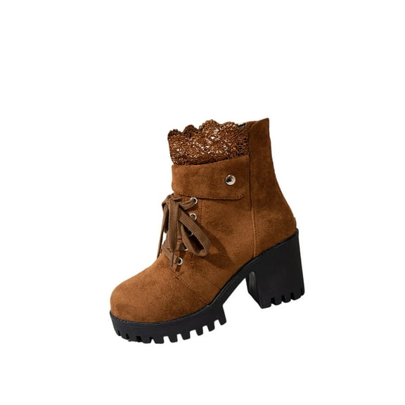 Wensltd Mid Heel Boots Women Lace Up Back Zip Round Toe Block Heel Black Brown Winter Short Boots