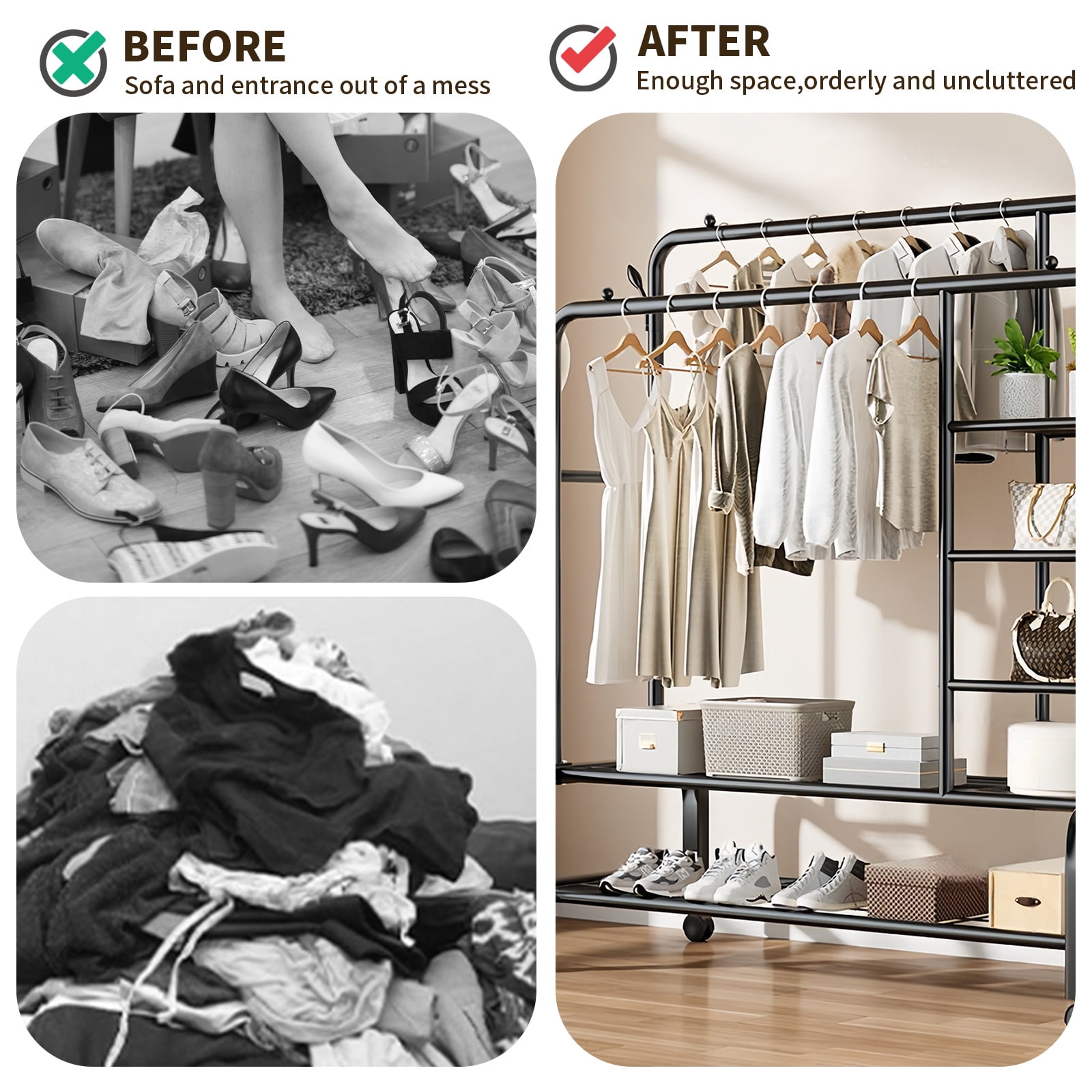 ALSO GO 3-In-1 Double Rod Clothes Rack with 4-Shelf, Metal Clothing Rack with Wheels & 4 Hooks, Portable Heavy Duty Garment Rack with Double Bottom Shelves, Freestanding Organizer  for Bedroom, Black