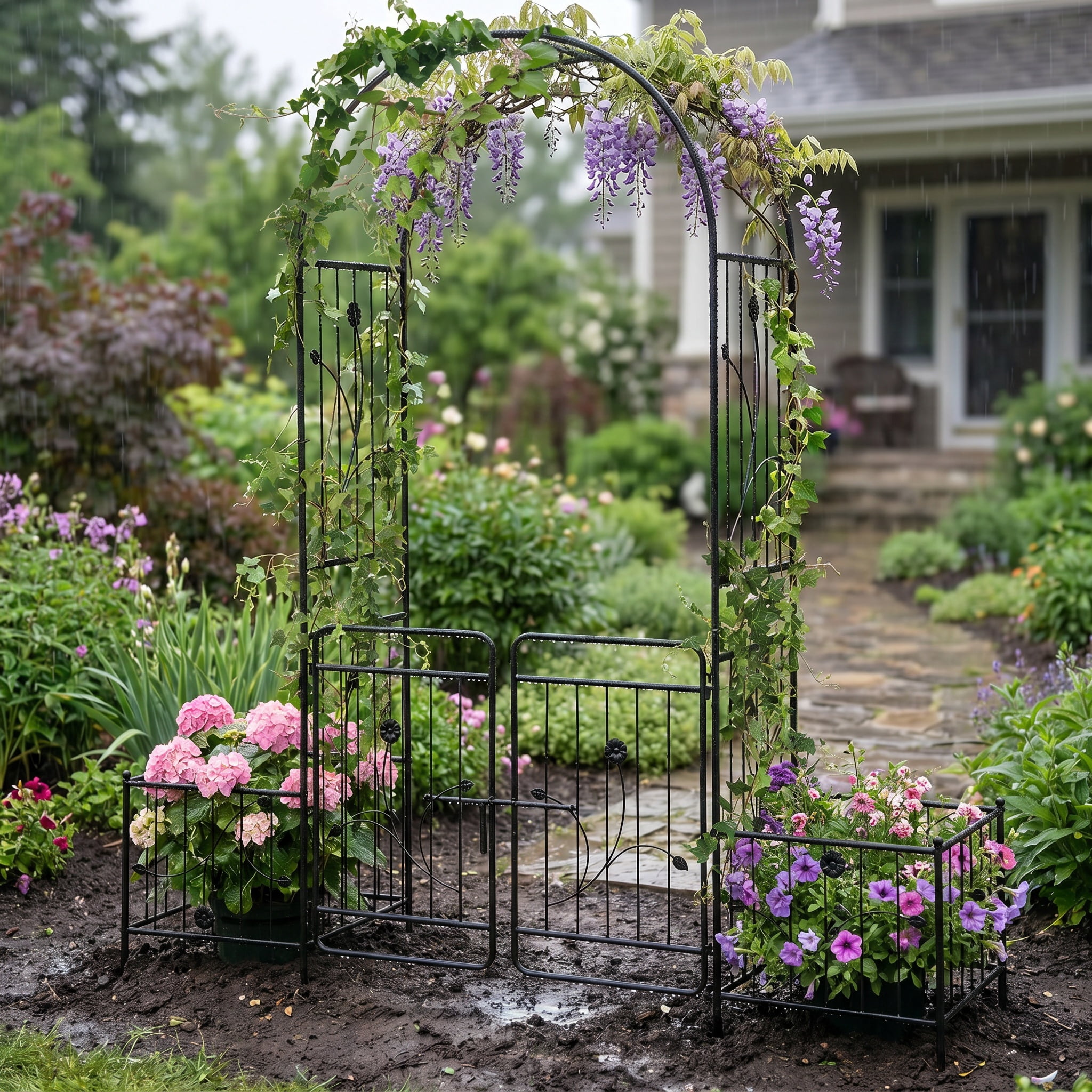 Kadyn Outdoor Decor,87 Inches Garden Arbor with Lockable Gate Side Planters-Black