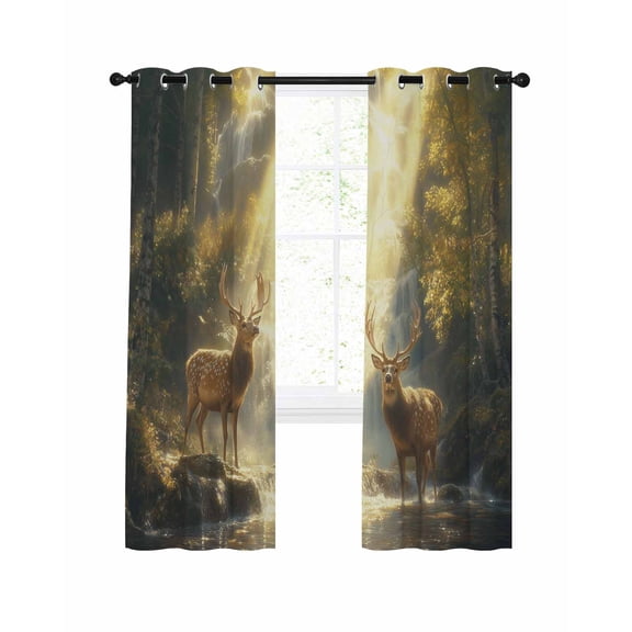 Golden Forest Deer Blackout Curtains, Light Blocking Print Window Curtains, Fantasy Vintage Nature Scenery Thermal Insulated Window Drapes for Living Room Kitchen Cafe 2 Panels, 104"W x 72"L