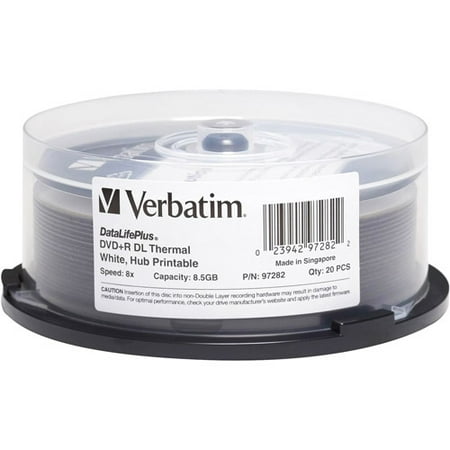 Verbatim CQ7461W Verbatim DataLifePlus 8.5 GB 8x-10x Double Layer Recordable White Thermal Printable Disc DVDplusR DL 20-Disc Spindle 97282