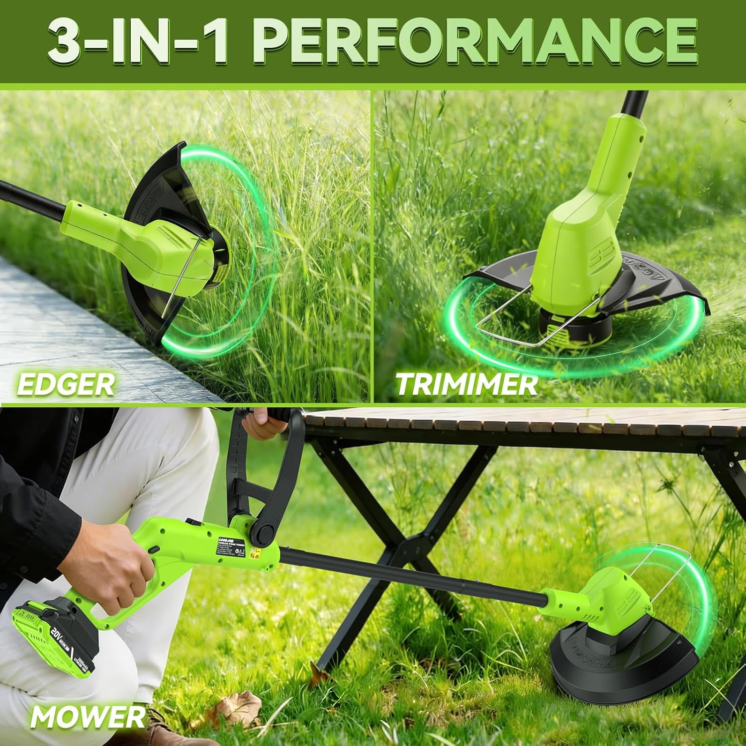 20V Cordless Weed Eater with 9500RPM Motor, 12" Cutting Width, 3-in-1 String Trimmer Kit for Lawn and Garden
