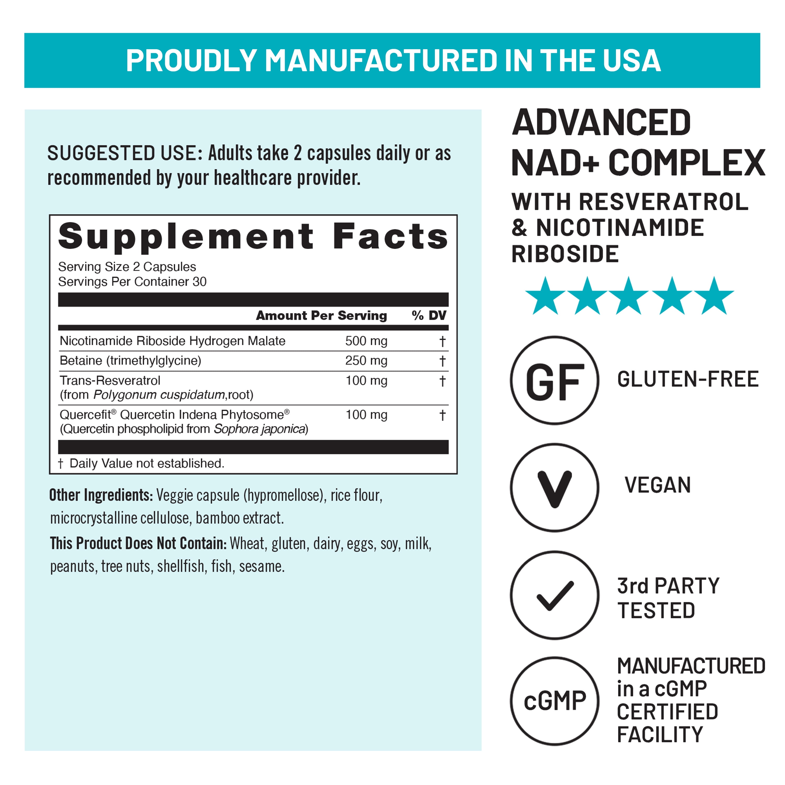 NatureWise NAD+ Support Complex - Nicotinamide Riboside + Resveratrol to Support NAD+ Supplement for Healthy Aging + Clinically Tested Quercefit - USA Manufactured - Non-GMO, 60 Count[30-Day Supply]