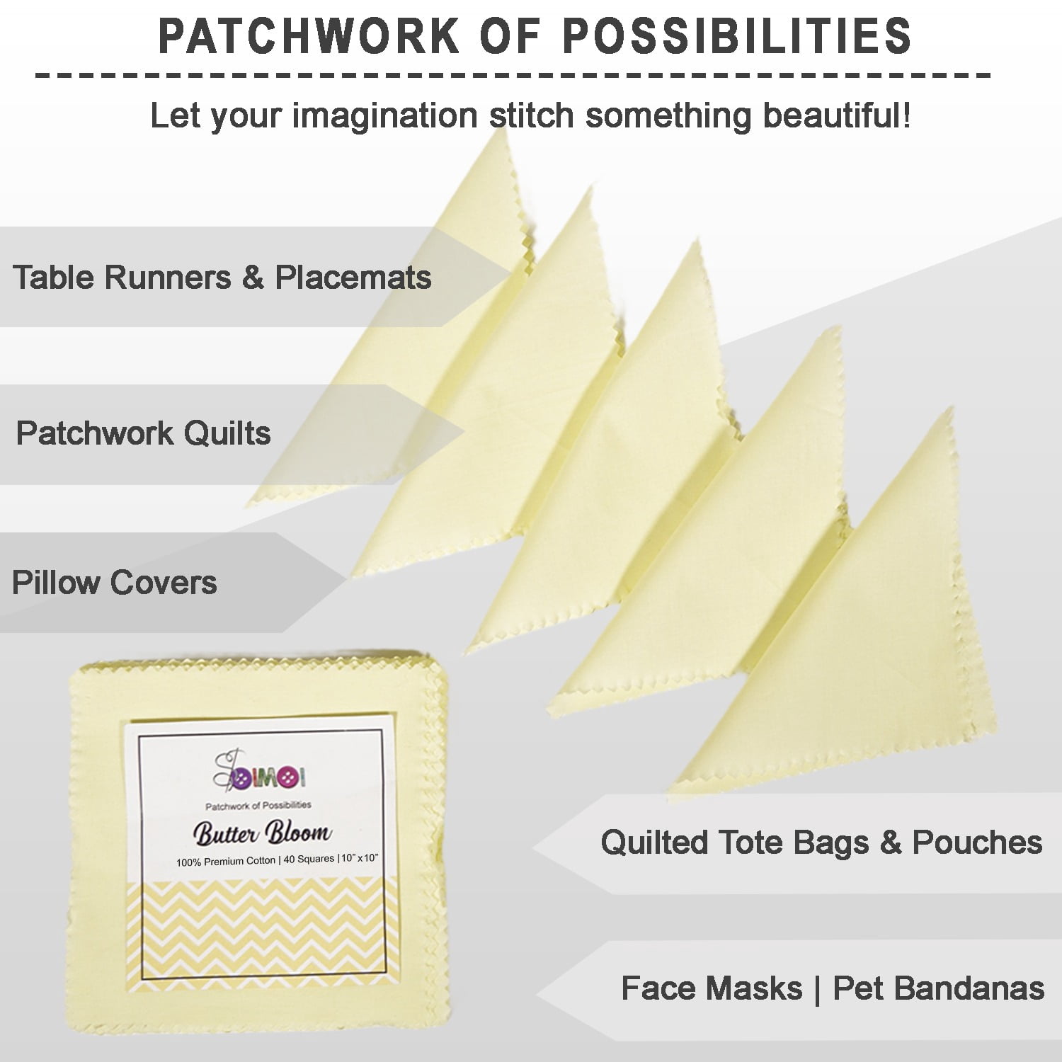 Soimoi 40 Pcs Solid Cotton Fabric Squares Bundles Charm Packs for Quilting, Fat Quarter Layer Cakes, Fabric Scraps for Crafts,Precuts Quilt Squares 10 X 10 inches, DIY Fabric Bundle - Butter Bloom