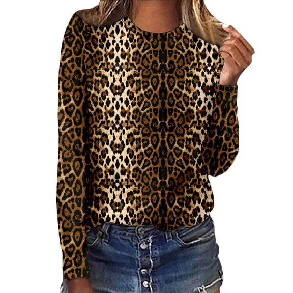 DHFJKG Long Sleeve Shirts For Women Leopard Graphic Tees Casual Crew Neck Loose Fit Comfortable Daily Wear Trendy Tops