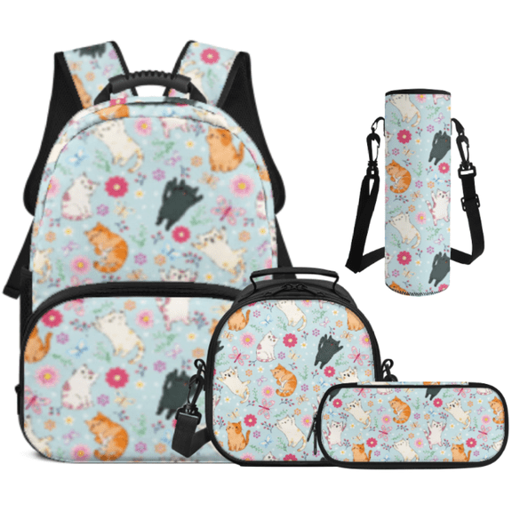 Binienty Cat Print 4 Pcs Backpack with Lunch Box Stationery Organizer Cup Protector with Large Capacity Durable School Backpack Set