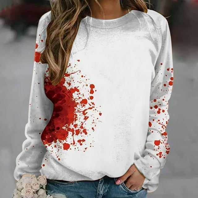 2023 Mode pour Femmes Sweatshirt 50% de Réduction Halloween Dégagement Imprimé Long Manches Col Rond Pull Décontracté Tops Personnalisé Sang Imprimé Sans Capuche Sweatshirt