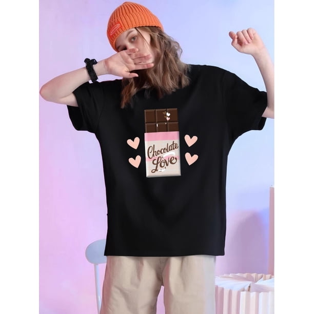 Women's Casual Crew Neck T-Shirt, Short Sleeve, Geometric Chocolate Love Pattern, All Season SportsCamisetas para mujer, lindas camisetas con estampado gráfico, de manga corta, estilo casual, para ve