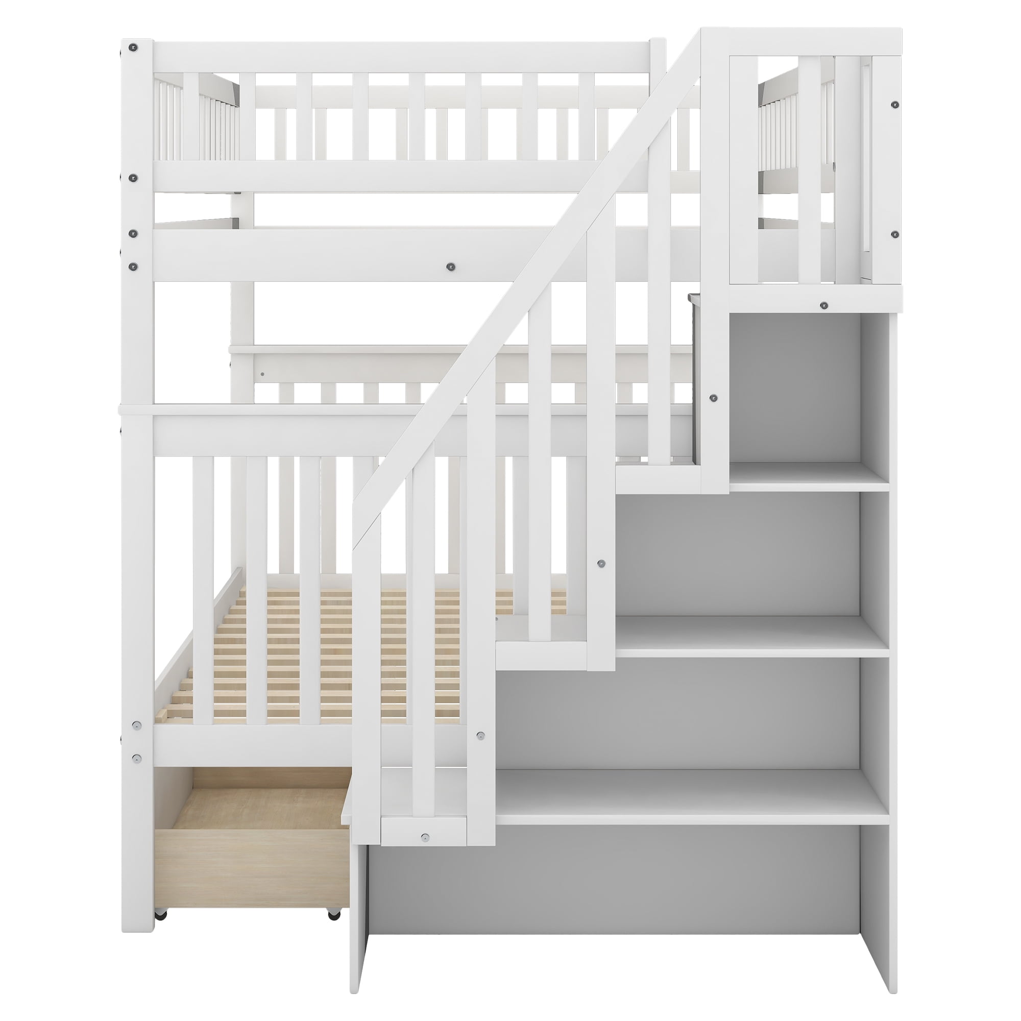 Euroco Full over Full Bunk Bed with Storage Shelves and 2 Under Storage Drawers for Kids Teens Room, White