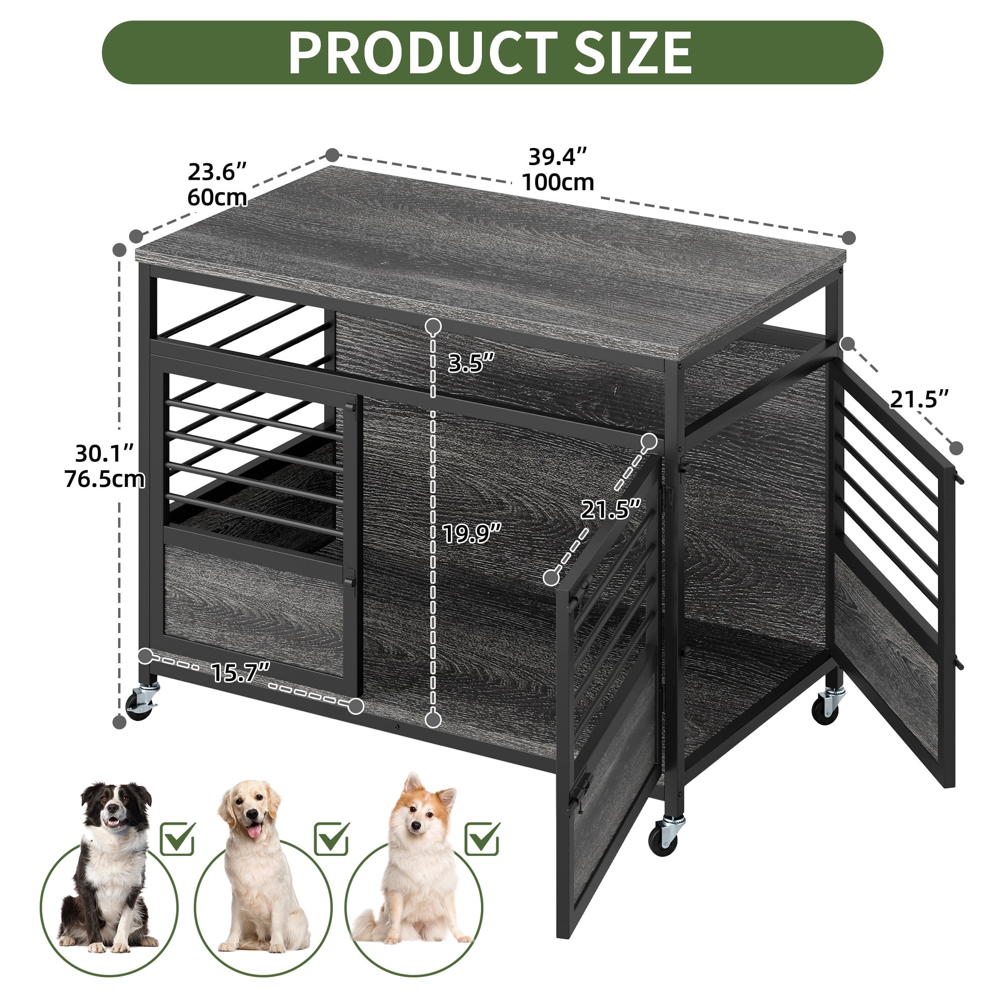 Uforic 39.4 Inch Dog Crate Furniture with Wheels,Wooden Dog Kennel for Dogs - Gray