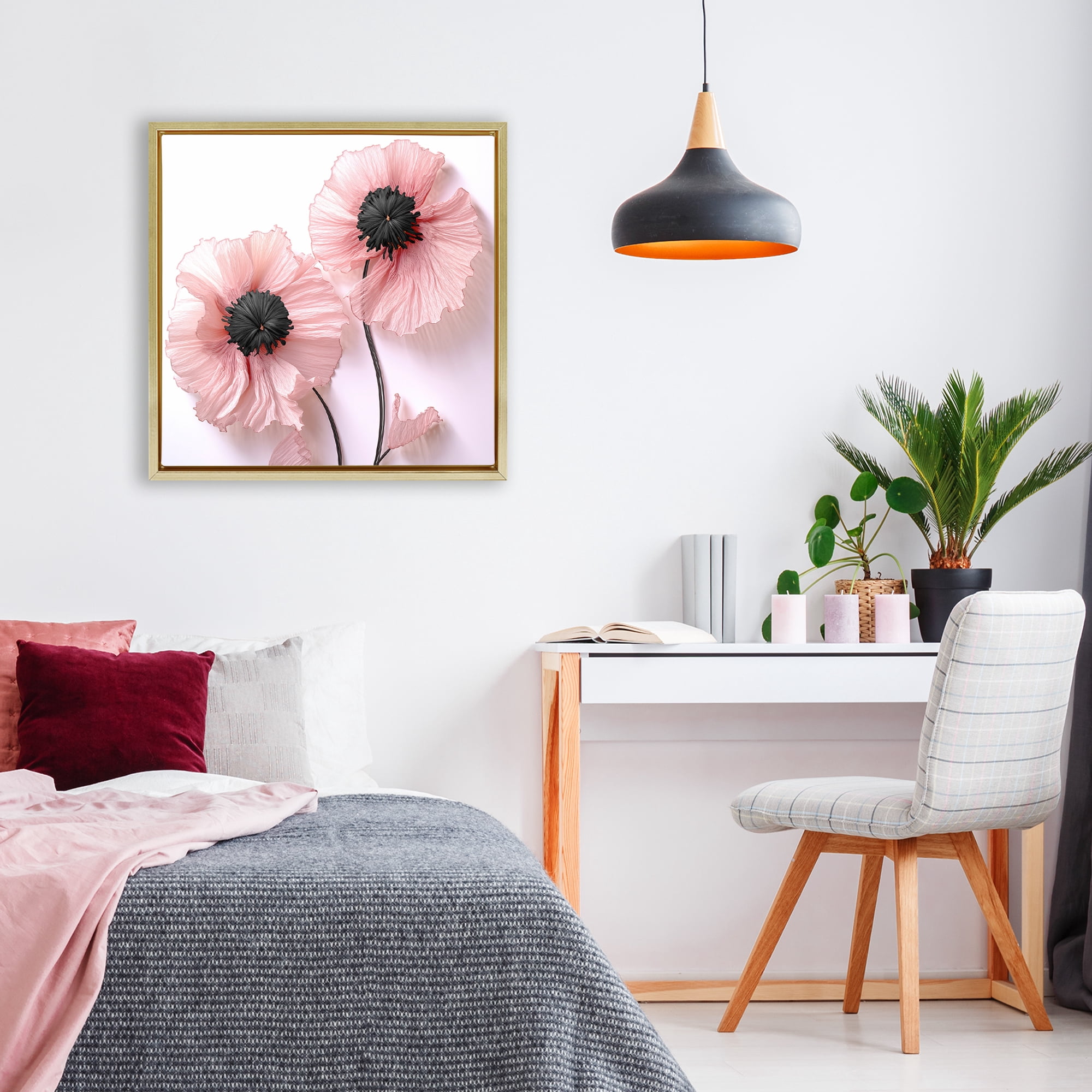 Properly Pink Poppies Gold Framed Floater Canvas Wall Art, design by Sasha