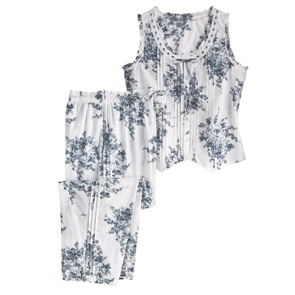 Women's La Cera 1487-2X Plus 100% Cotton Woven S/L Printed Pajama Set (Lrg. White/Blue Floral 3X)