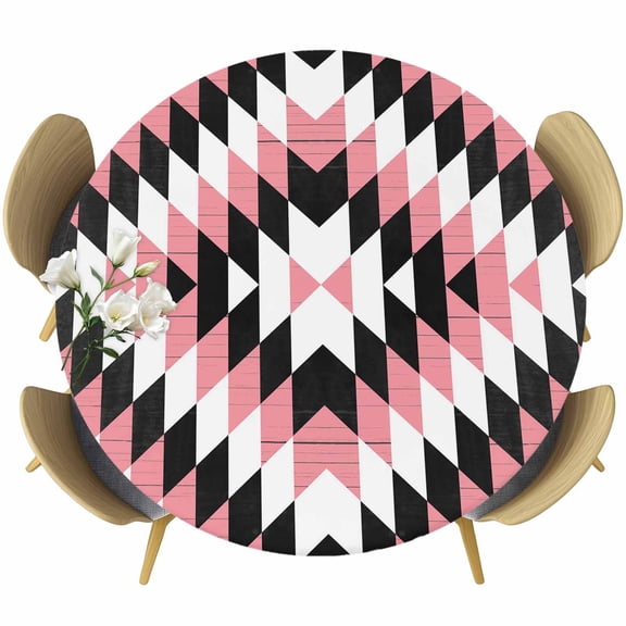 Pink Aztec Round Tablecloth, Fitted Table Cover with Elastic for 45"-54" Round Tables, Black White Southwest Retro Geometric Ethnic Table Cloth Outdoor Indoor Dinning Party Waterproof Tablecloths