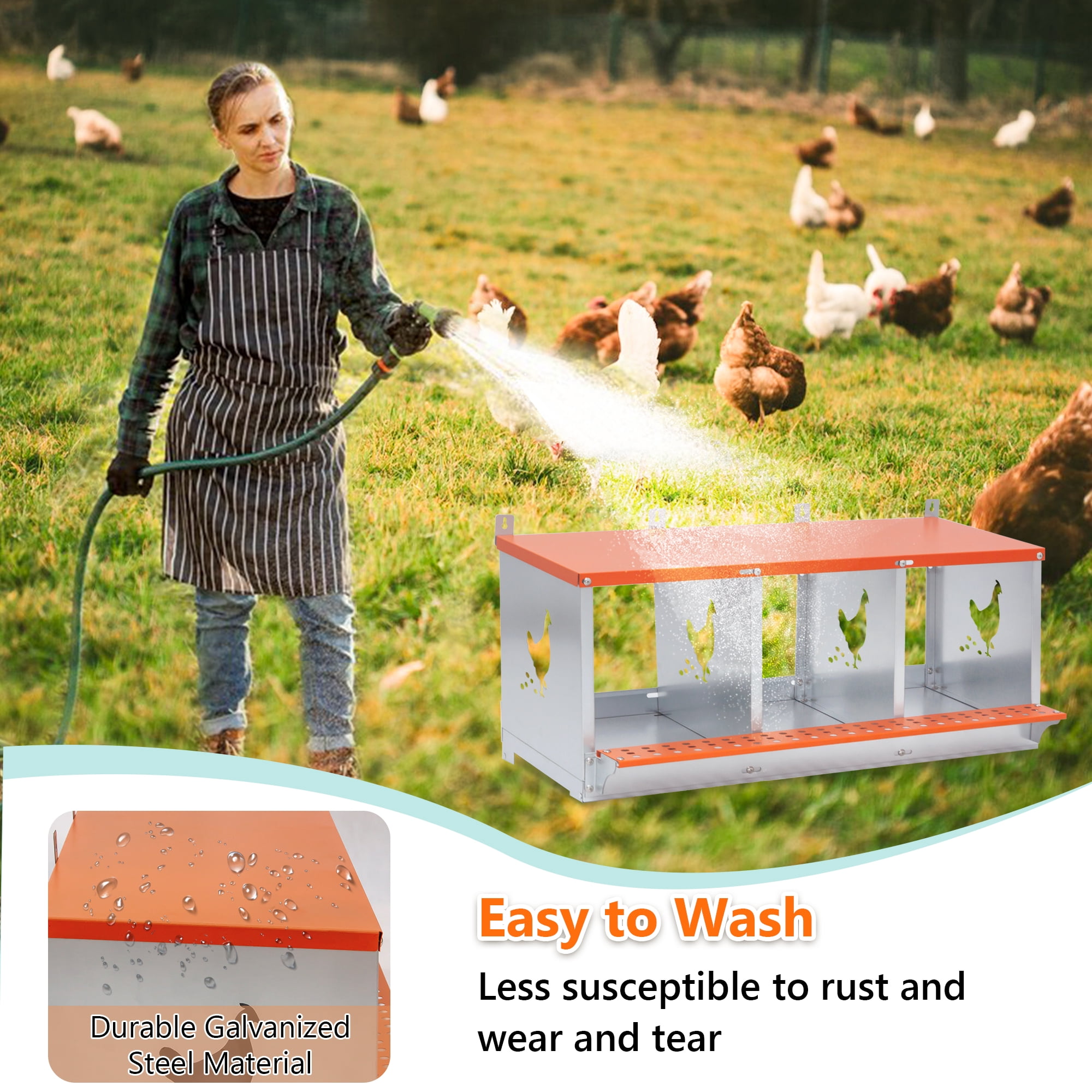 Miniyam 3-Bay Metal Nest Box-Wall Mount for Hens/Ducks, Easy Egg Collection & Assembly, Vented Galvanized Steel Coop Equipment Orange