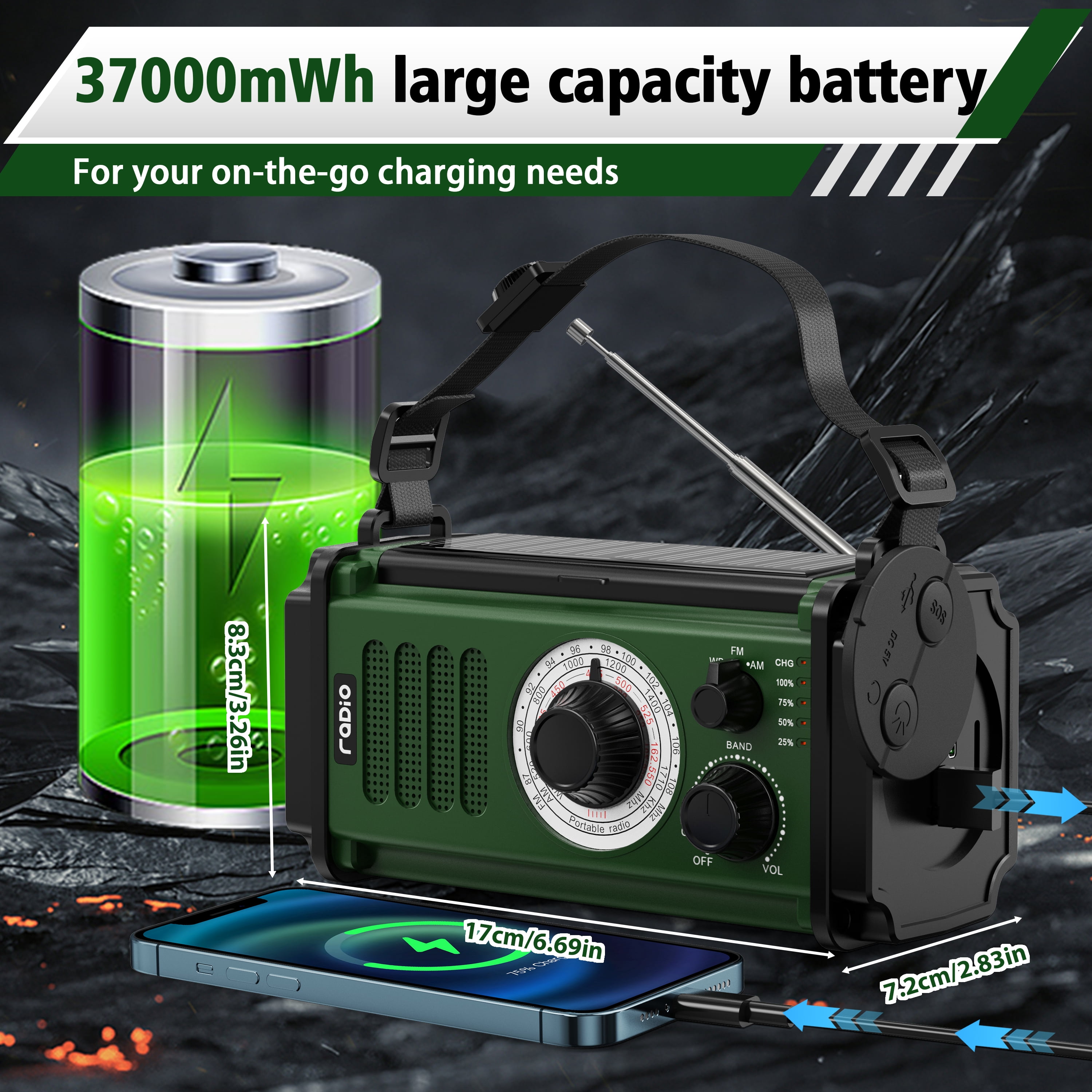 10000mAh Rechargeable Solar Radio with Phone Charger, Hand Crank Radio, Emergency Radio with Flashlight & Reading Lamp ,AM FM NOAA  Weather Radio, SOS Alarm,  Suitable for Emergency, Hurricane