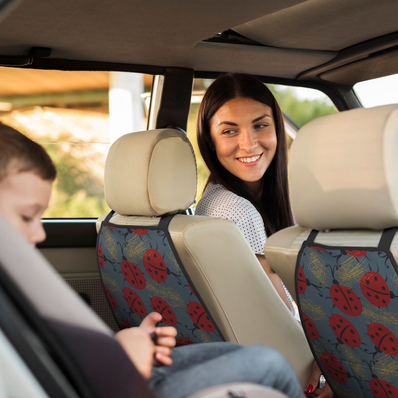 Naloa Ladybug 2Pcs Anti-Kick Back Seat Cover Kick Mat, Car Seat Protector with 3 Storage Pockets
