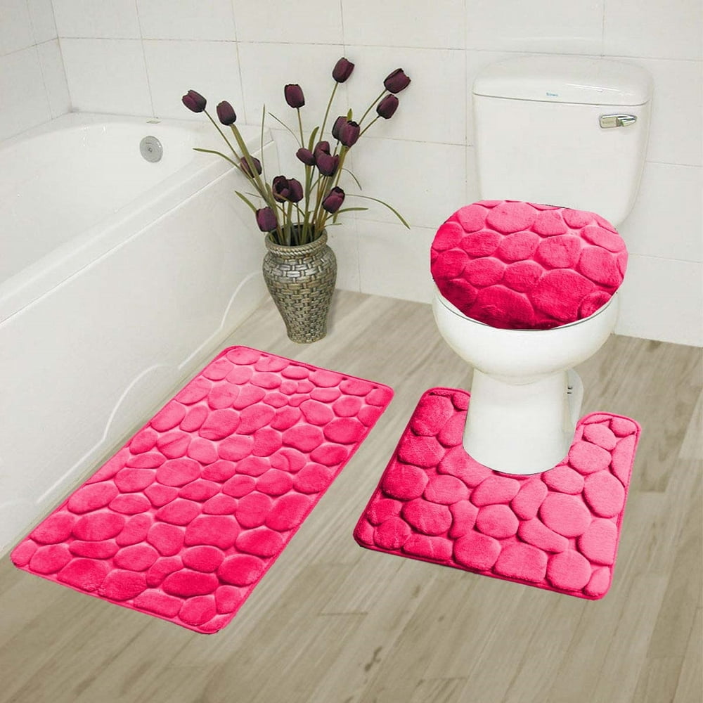 HOT PINK 3Piece Rock Memory Foam Bathroom Mat Set, Flannel Embossed Rug 19"x 30", Contour Mat