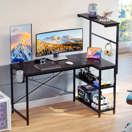 RSPGAME 41 inch Small L-Shaped Gaming Desk Home Office PC Table with LED Lights, Carbon Fiber Black
