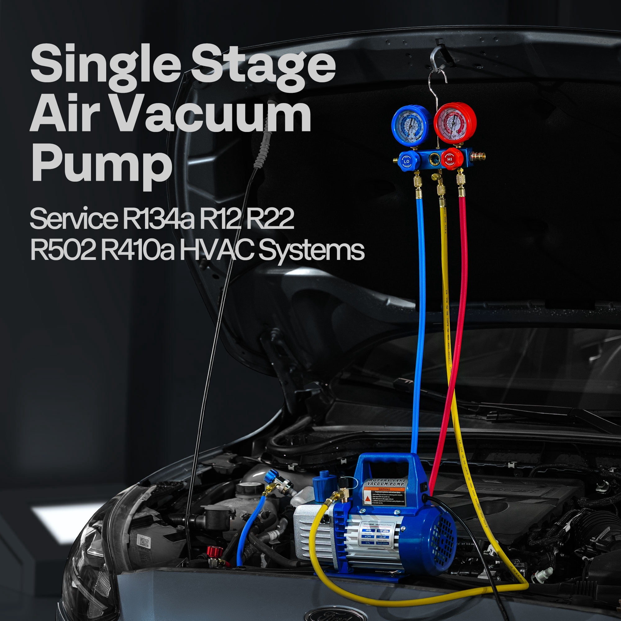 SPECSTAR 110V 1/3 HP 4CFM Single Stage Vacuum Pump and R134a AC Manifold Gauge Set Kit with Leak Detector Carry Bag for HVAC Air Conditioning Refrigeration Recharging ETL Listed
