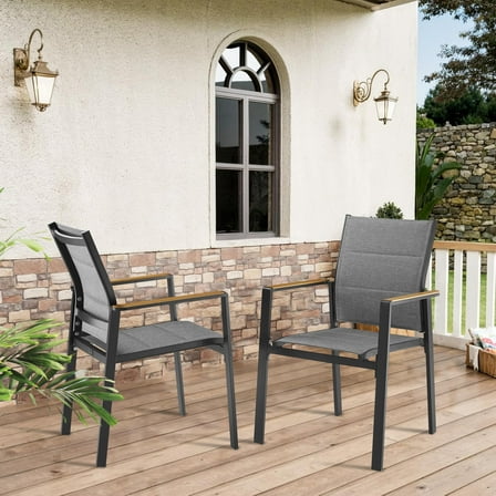 Ulax Furniture Outdoor Stackable Chairs Patio Aluminum Sling Dining Armchair With Teak Arm And Padded With Quick Dry Foam, Set of 2