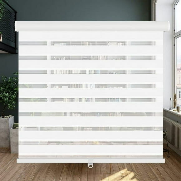 LUCKUP Cordless Zebra Blinds Roller Shades for Windows-Dual Layer Sheer Blinds with Valance High Shading Day Night Privacy Light Filtering Fabric, 28" W x 72" H, White