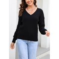 thumbnail image 2 of Braided V Neck Pullover Sweater Long Sleeve Ribbed Waistline for Women Black Medium, 2 of 5