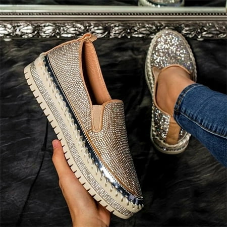 

Flats Shoes for Women Tawop Silver Fashion Rhinestone Flat Sole Single Shoes Casual Shoes Pull-On Shoes 45(Us:10.5)