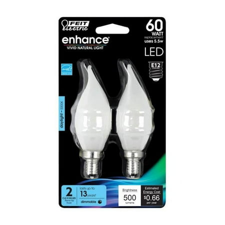 

Feit Enhance CA10 (Flame Tip) E12 (Candelabra) Filament LED Bulb Daylight 60 Watt Equivalence 2 pk