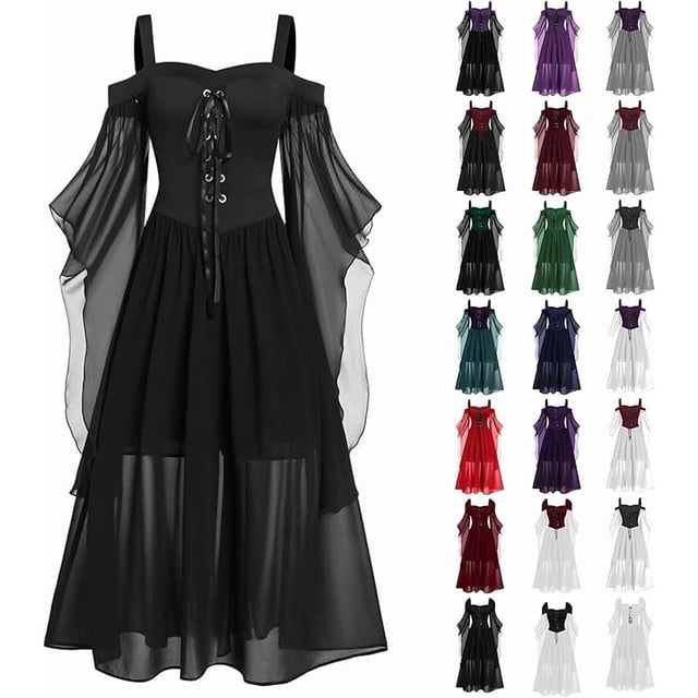 Venta de disfraces Vestido vintage de Halloween para mujer, gótico, con mangas de mariposa, corsé de talla grande, hombros descubiertos, con cordones, vestido medieval para fiesta de graduación