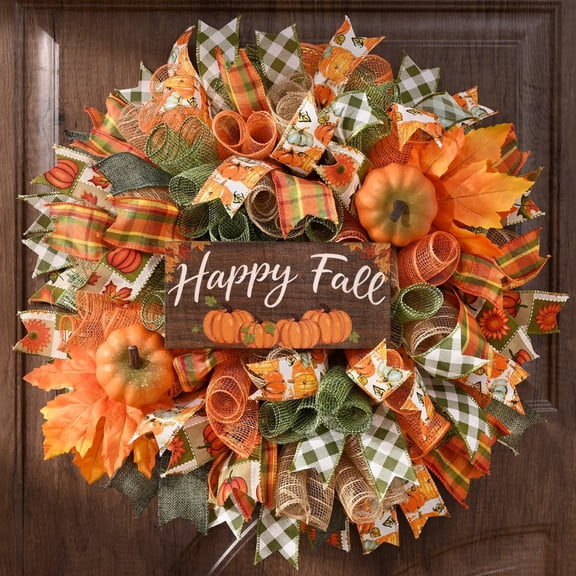 Fall Decor, Fall Wreaths for Front Door, 20" Wreath Mesh Bow with Wood Sign | Handmade,Table, Window, Wall, Thanksgiving Halloween Decorations, Autumn Indoor Outdoor Decor, Farmhouse Styl
