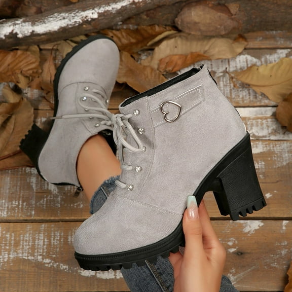 PiGOGI Women's Studded Ankle Boots with Lace-Up & Zipper Chunky Heel Casual Boots for Women Gray 42