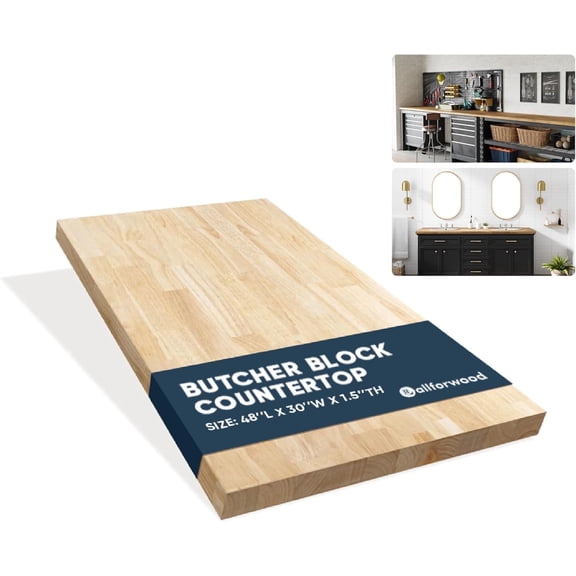 AllForWood 48''L x 30''W x 1.5''Th Hevea Premium Solid Wood Butcher Block Countertop, Butcher Block Table Top for DIY Washer Dryer/Island/Kitchen Countertop (Unfinished)