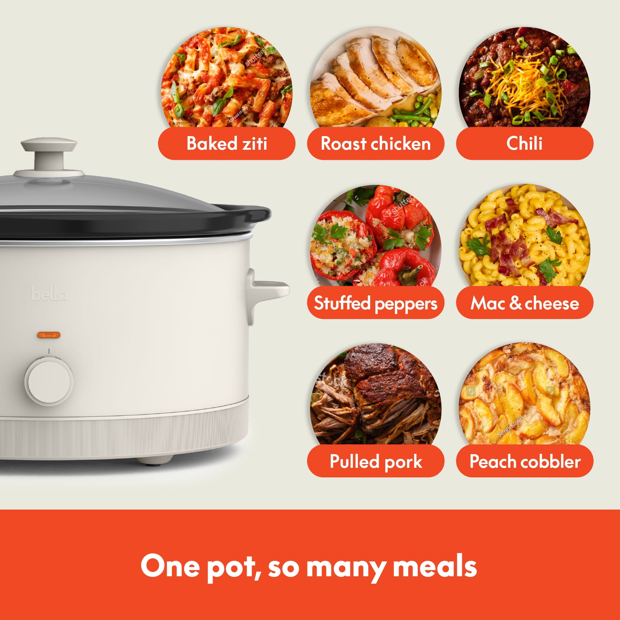 bella 6 Qt Manual Slow Cooker with 3 Temperature Settings, Ceramic Nonstick Coating, Dishwasher Safe Stoneware Pot & Tempered Glass Lid, Oatmilk