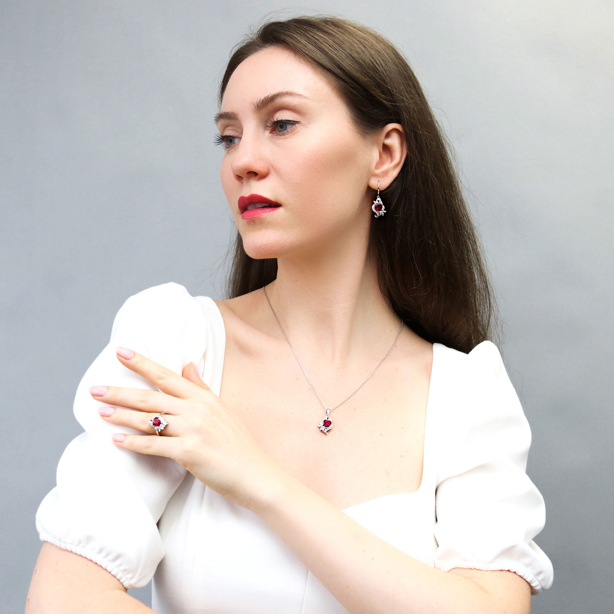 BERRICLE Sterling Silver Heart Cubic Zirconia CZ Flower Fashion Fish Hook Dangle Drop Earrings for Women, Rhodium Plated, Ruby Color
