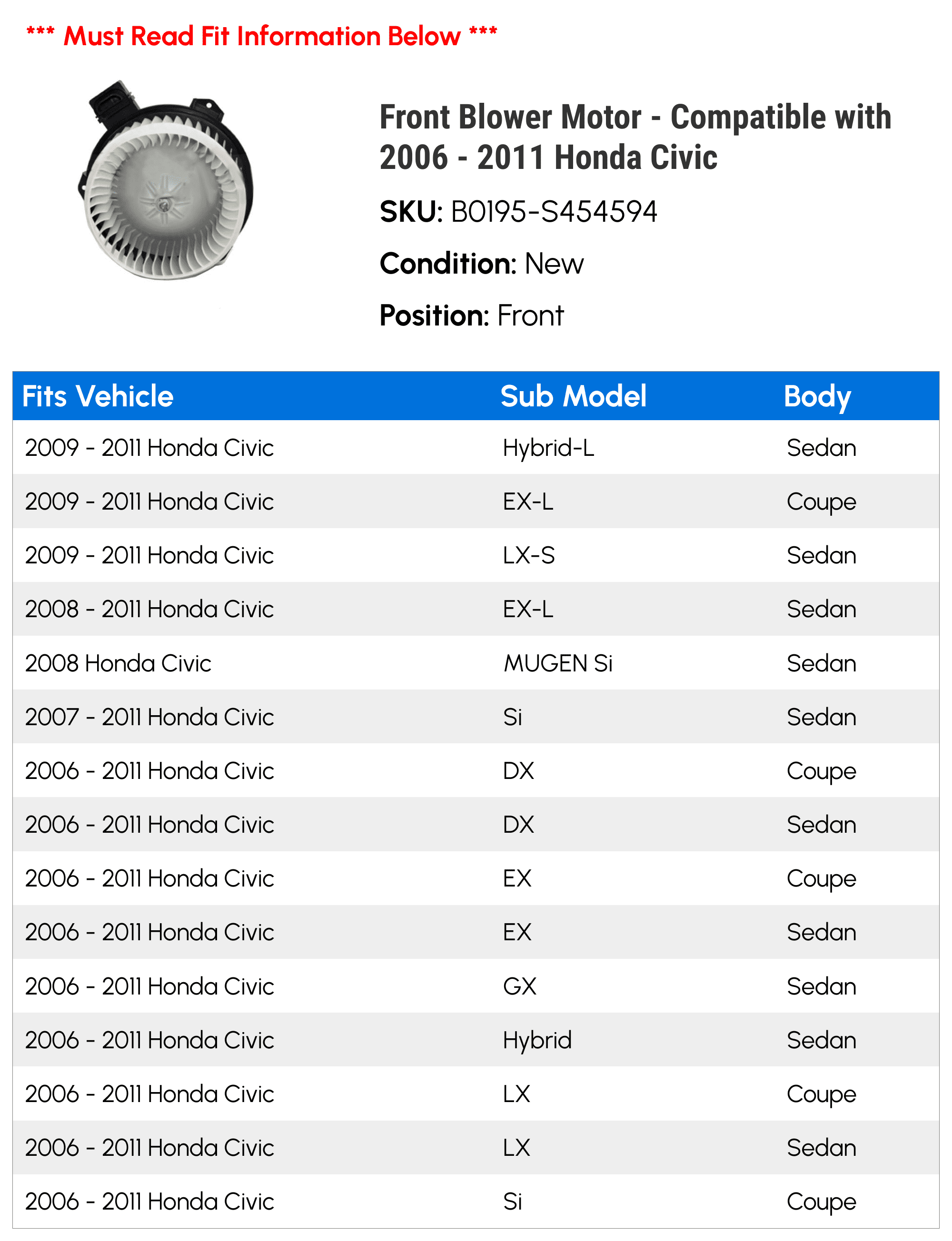 Front Blower Motor - Compatible with 2006 - 2011 Honda Civic 2007 2008 2009 2010